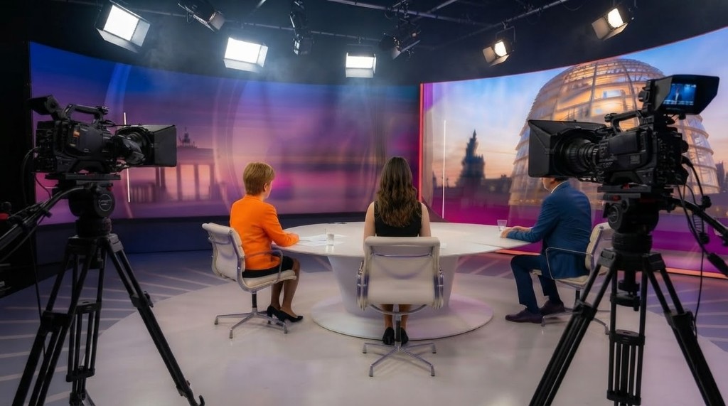 TV-Studio-Aufnahme mit Kameras und Diskussionsteilnehmern